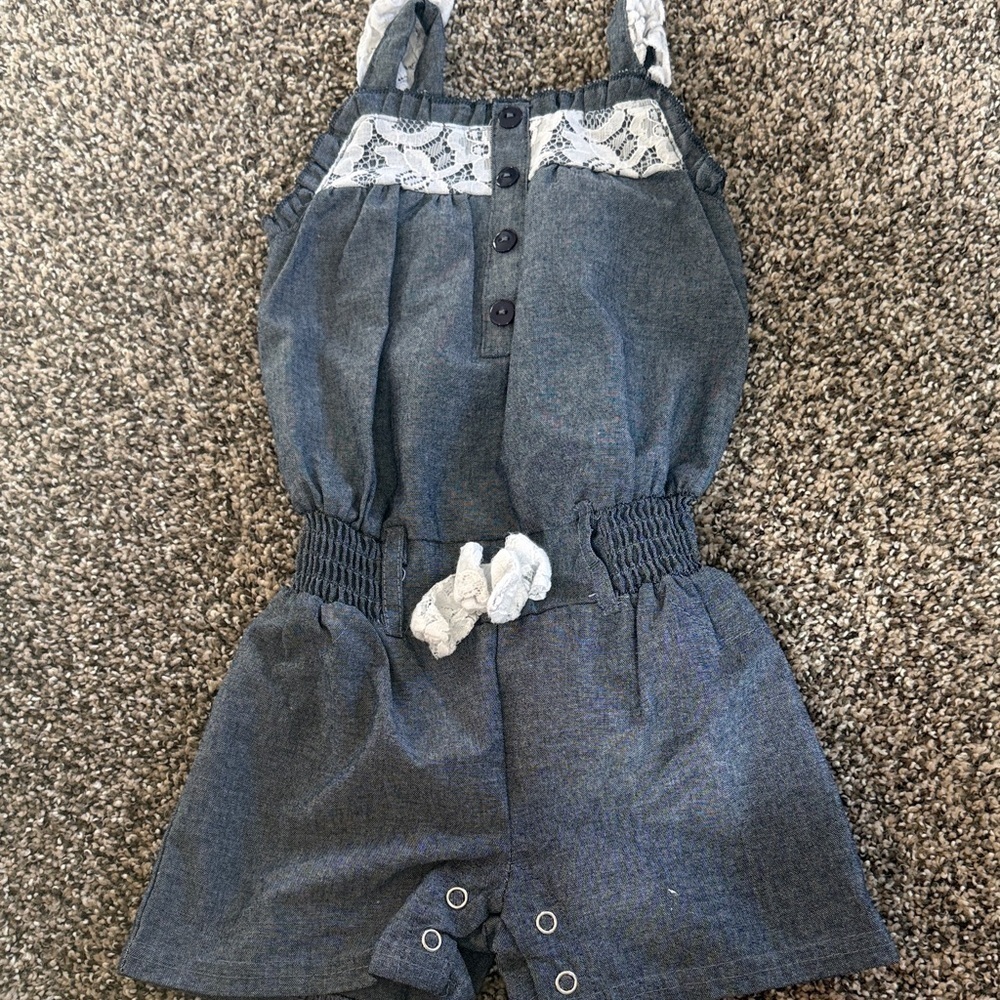5/$10-Little Lass  Baby Girl Denim Blue Romper with Lace Accents Size 12 Months